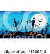 Poster, Art Print Of Cemetery Entrance With Gates And Halloween Jackolantern Pumpkins Over Blue