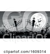 Poster, Art Print Of Grayscale Cemetery Entrance With Gates And Halloween Jackolantern Pumpkins Over Blue