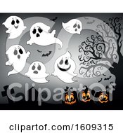 Clipart Of A Group Of Ghosts Over Halloween Jackolantern Pumpkins In A Cemetery Royalty Free Vector Illustration by visekart
