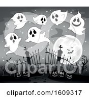 Poster, Art Print Of Grayscale Group Of Ghosts Over Cemetery Entrance With Gates And Halloween Jackolantern Pumpkins