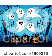 Poster, Art Print Of Group Of Ghosts Over Cemetery Entrance With Gates And Halloween Jackolantern Pumpkins