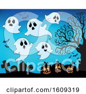 Clipart Of A Group Of Ghosts Over Halloween Jackolantern Pumpkins In A Cemetery Royalty Free Vector Illustration by visekart