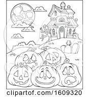 Poster, Art Print Of Black And White Haunted House And Halloween Pumpkins