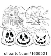 Poster, Art Print Of Black And White Haunted House And Halloween Pumpkins