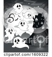 Poster, Art Print Of Grayscale Group Of Ghosts In A Cemetery Near A Haunted House