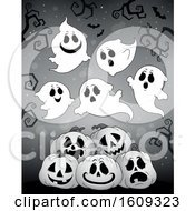 Clipart Of A Grayscale Group Of Ghosts Over Halloween Pumpkins Royalty Free Vector Illustration
