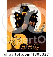 Poster, Art Print Of Full Moon Behind A Haunted House And Row Of Halloween Jackolantern Pumpkins