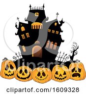 Poster, Art Print Of Haunted House And Row Of Halloween Jackolantern Pumpkins