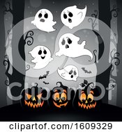 Clipart Of A Group Of Ghosts Over Halloween Jackolantern Pumpkins Royalty Free Vector Illustration