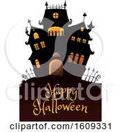 Poster, Art Print Of Happy Halloween Greeting Under A Haunted House