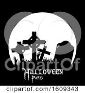 Poster, Art Print Of Full Moon And Silhouetted Graveyard Tombstones With Halloween Party Text