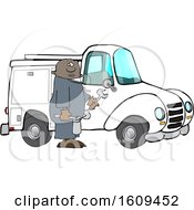 Cartoon Black Male Worker Holding Tools By A Truck
