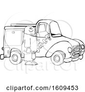 Poster, Art Print Of Cartoon Lineart Black Male Worker Holding Tools By A Truck