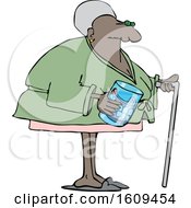 Cartoon Black Senior Woman With A Cane And Her Teeth In A Glass