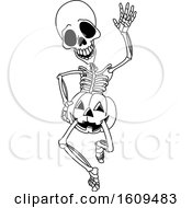 Clipart Of A Black And White Halloween Skeleton Wearing A Jackolantern Pumpkin Royalty Free Vector Illustration