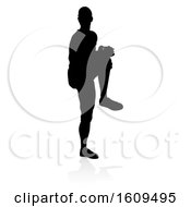 Poster, Art Print Of Baseball Player Silhouette With A Reflection Or Shadow On A White Background