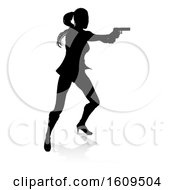 Clipart Of A Silhouetted Femme Fatale Shooting With A Reflection Or Shadow On A White Background Royalty Free Vector Illustration