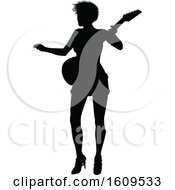 Clipart Of A Silhouetted Female Guitarist Royalty Free Vector Illustration by AtStockIllustration
