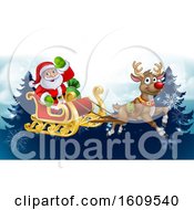 Poster, Art Print Of Santa Sleigh Reindeer Christmas Cartoon Background