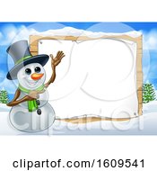 Poster, Art Print Of Christmas Snowman By A Blank Sign In A Winter Landscape
