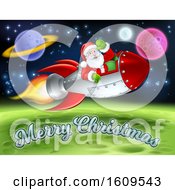 Poster, Art Print Of Merry Christmas Under A Reindeer Flying With Santa In A Rocket Over In Outer Space