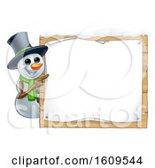 Poster, Art Print Of Christmas Snowman Wearing A Scarf And A Top Hat By A Blank Sign