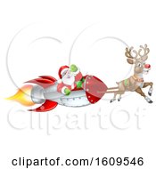 Clipart Of A Reindeer Flying With Santa In A Rocket Royalty Free Vector Illustration