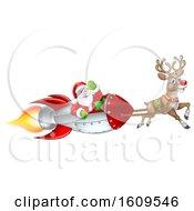 Poster, Art Print Of Reindeer Flying With Santa In A Rocket