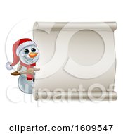 Poster, Art Print Of Christmas Snowman Wearing A Scarf And A Santa Hat By A Blank Scroll