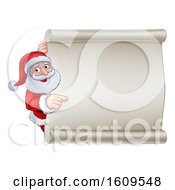 Poster, Art Print Of Cartoon Christmas Santa Claus Pointing Around A Blank Scroll Sign