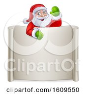 Poster, Art Print Of Cartoon Christmas Santa Claus Waving Over A Blank Scroll Sign