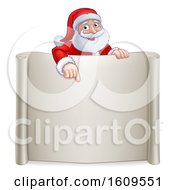 Poster, Art Print Of Cartoon Christmas Santa Claus Pointing Down Over A Blank Scroll Sign