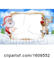 Poster, Art Print Of Christmas Santa Claus And Reindeer With A Blank Sign In A Winter Landscape