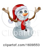 Poster, Art Print Of Welcoming Christmas Snowman Wearing A Scarf And A Santa Hat