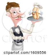 Poster, Art Print Of White Male Waiter Holding A Hot Dog Chef On A Platter And Pointing