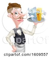 White Male Waiter Pointing And Holding Fish And A Chips On A Tray