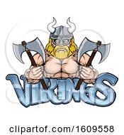 Muscular Blond Male Viking Warrior Holding Axes Over Text