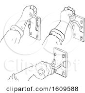 Clipart Of A Sketched Progression Sequence Of A Hand Pulling Down A Vintage Frankenstein Light Or Throw Switch Royalty Free Vector Illustration
