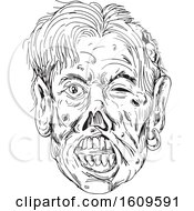 Clipart Of A Black And White Sketched Zombie Head Royalty Free Vector Illustration