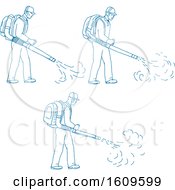 Sketched Sequence Of A Gardener Using A Blower