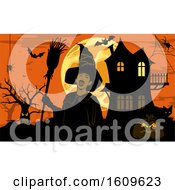 Clipart Of A Halloween Witch And Haunted House Against A Full Moon Royalty Free Vector Illustration by dero