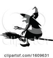 Poster, Art Print Of Halloween Flying Witch Black And White Silhouette