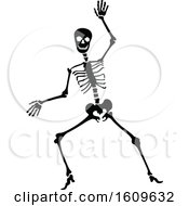 Poster, Art Print Of Halloween Skeleton Waving Black And White Silhouette