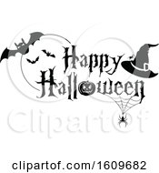 Poster, Art Print Of Happy Halloween Greeting With Spiders Bats And A Witch Hat In Black And White