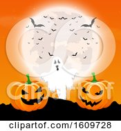 Halloween Background With Pumpkins And Ghost In A Moonlit Landscape