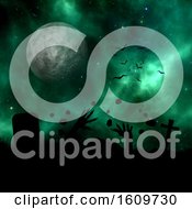 3D Landscape With Silhouette Of Zombie Erupting Out Of The Ground Against A Space Sky