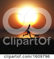 Poster, Art Print Of 3d Female Jogging With Her Dog Against A Sunset Sky