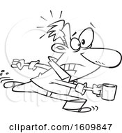 Clipart Of A Cartoon Black And White Business Man Rushing For A Coffee Refill Royalty Free Vector Illustration