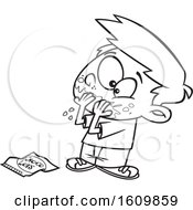 Clipart Of A Cartoon Black And White Boy Pigging Out On Chocolate Day Royalty Free Vector Illustration
