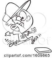 Clipart Of A Cartoon Black And White Boy Running To A Baseball Base Royalty Free Vector Illustration